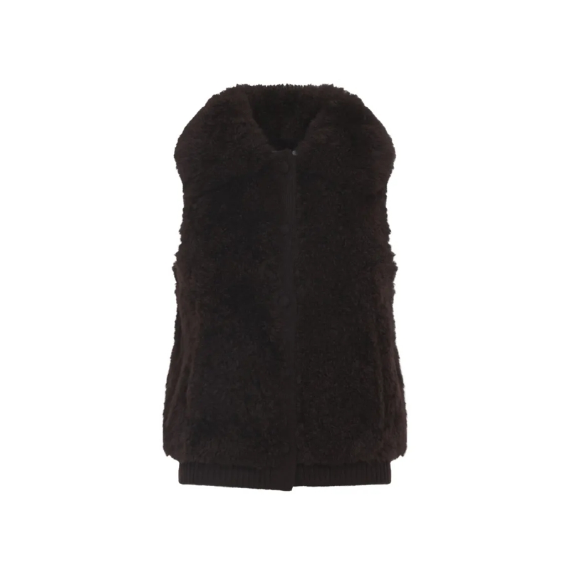 Yves Salomon Manteau en cuir Textured Lamb Hair Wool Vest With High Collar Black