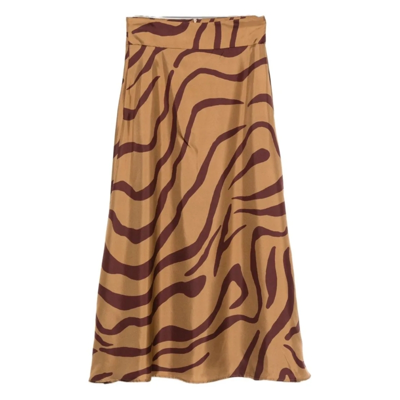 RAQUEL DINIZ Midirok Midi-Length Silk Skirt With Abstract Zebra Print Brown