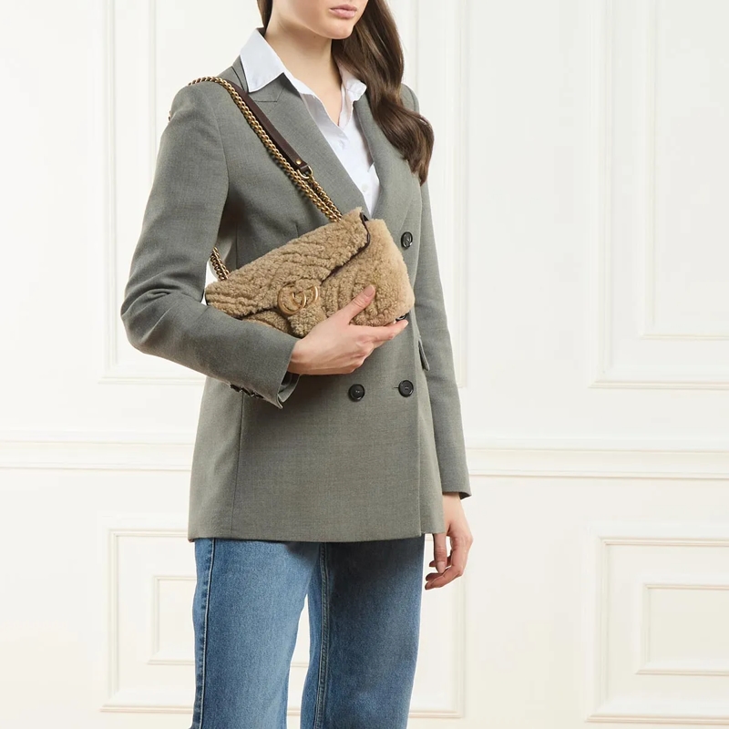 Gucci Schoudertas Shearling Small Marmont Shoulder Bag Beige(Image 3)