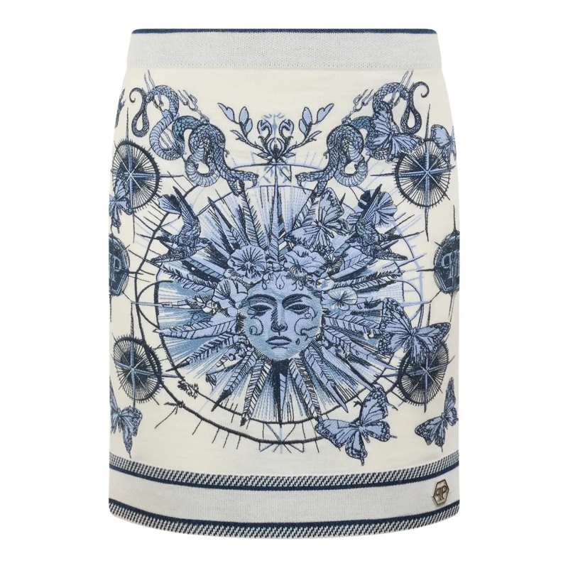 Philipp Plein Wollrock Knitted Mini Skirt Butterfly Tattoo hell-blau