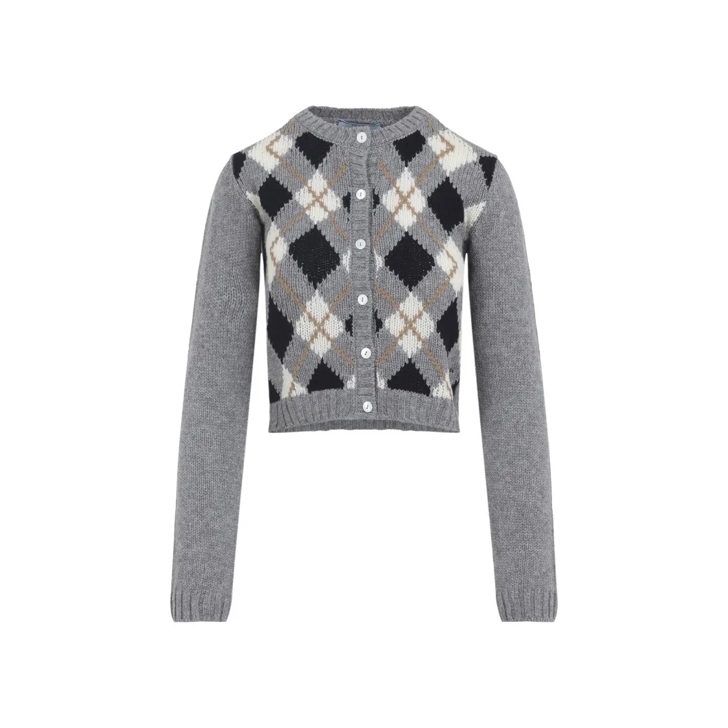 Prada Cropped Argyle Knit Cardigan With Button-Down Fron