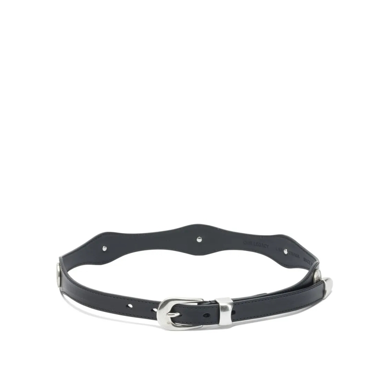 Our Legacy Riem Wavy-Cut Black Leather Belt With Glossy Finish And Grey