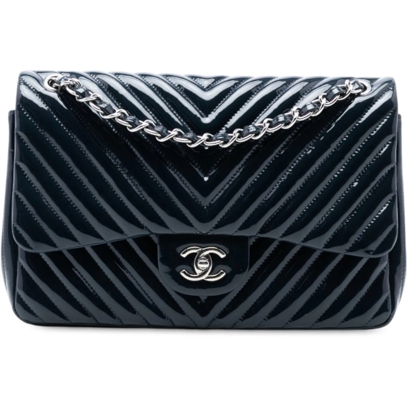 Chanel Schultertasche Jumbo Classic Chevron Patent Double Flap blau