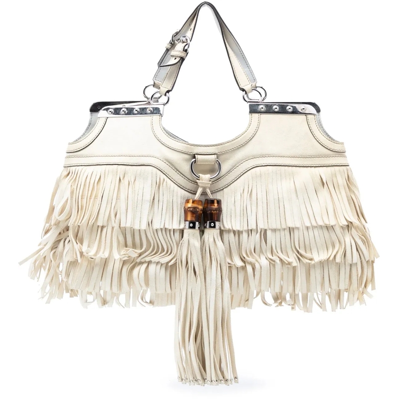 Gucci Schultertasche Leather Fringe Bamboo Tassel Shoulder Bag weiß