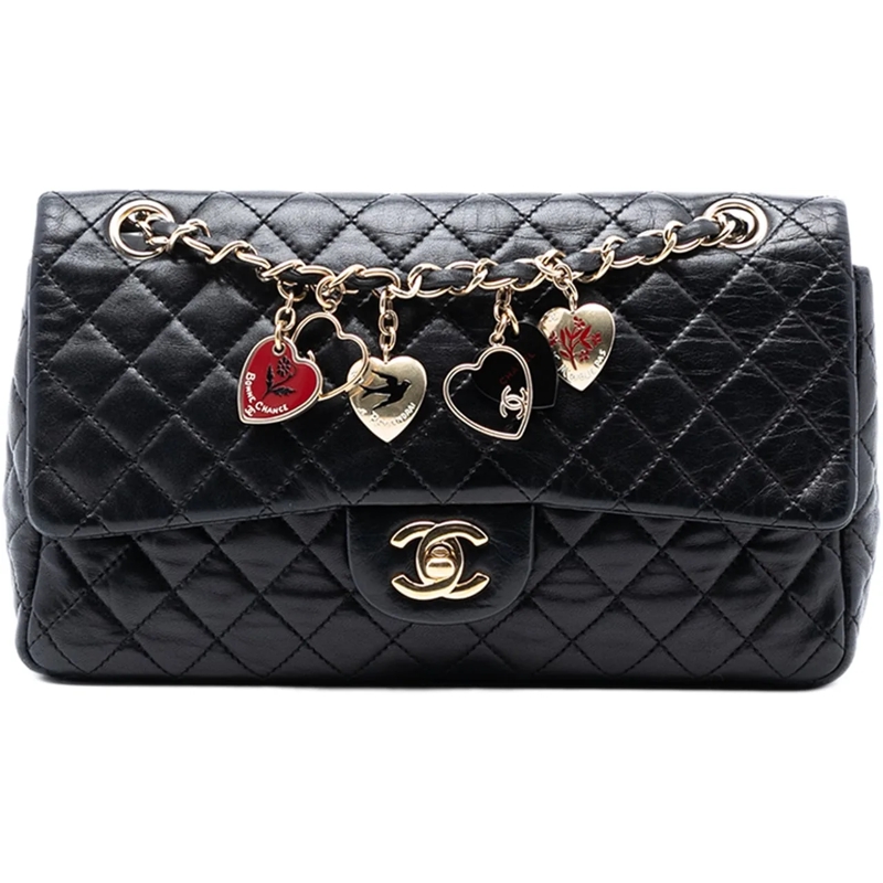 Chanel Sac à bandoulière Medium Classic Lambskin Valentines Heart Charms Si schwarz