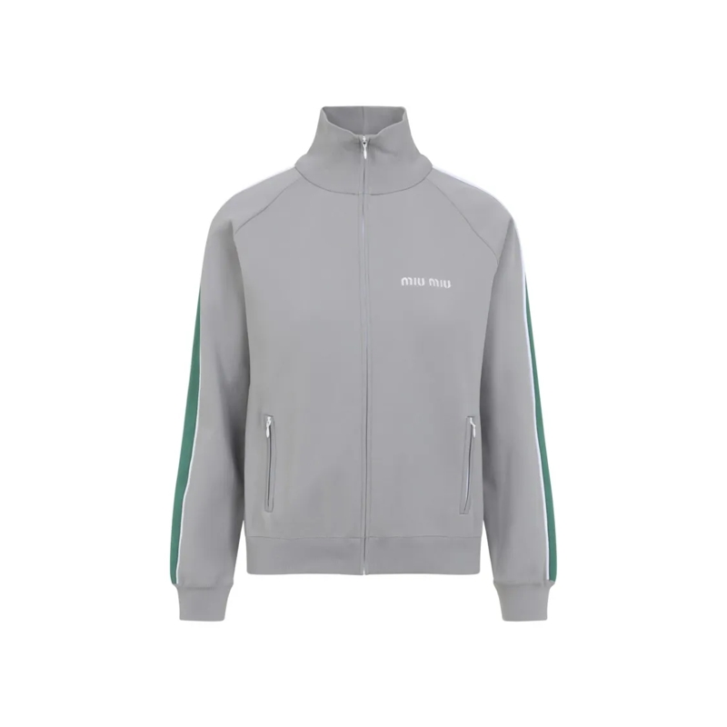 Miu Miu  High Collar Light Grey Jacket With Multicolor Stri Grey