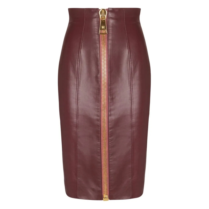 Balmain Bleistiftrock High-Waisted Pencil Skirt In Rich Brown Lambskin L Burgundy
