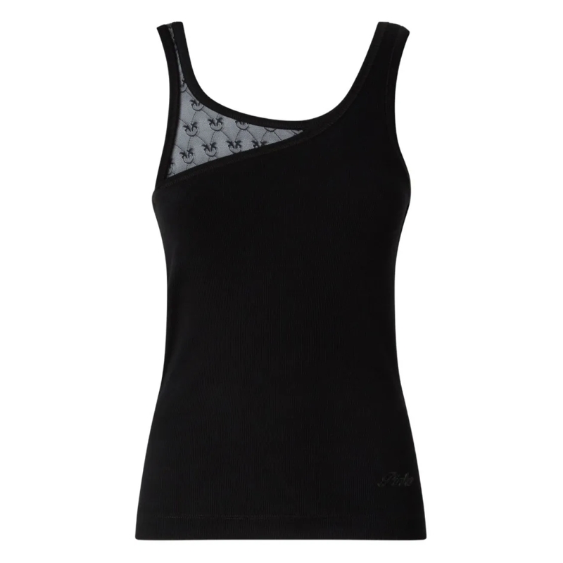Pinko Chemisier Asymmetrical Black Sleeveless Top With Sheer Mesh  Black