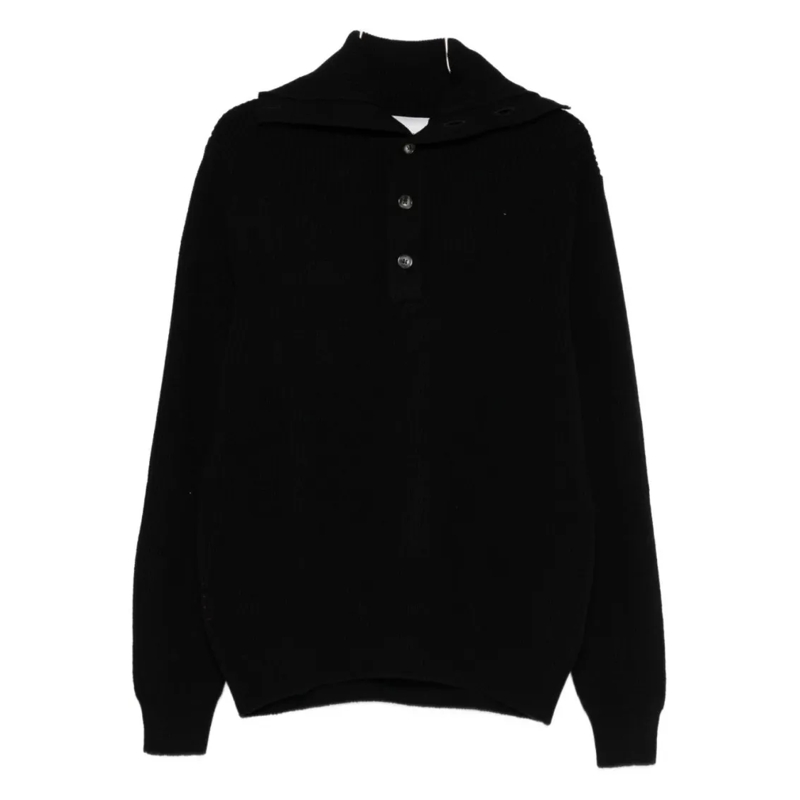 Amaranto Pullover Ribbed Knit Sweater With Buttoned Placket Black