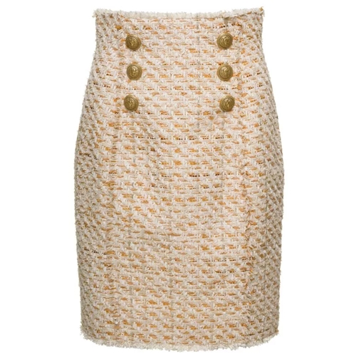 Balmain Beige Tweed Skirt With Front Golden Buttons In Cot Neutrals 