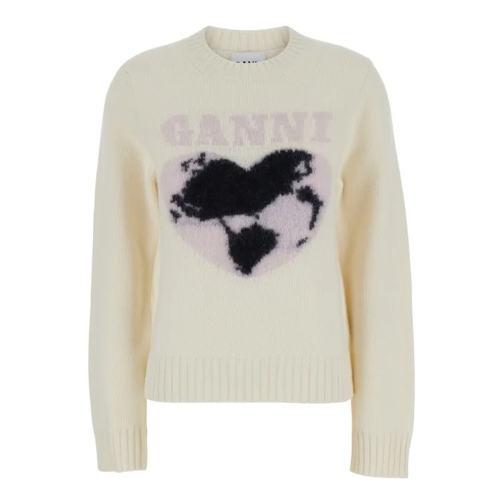 GANNI White Crewneck Sweater With Love Intarsia In Wool Neutrals 