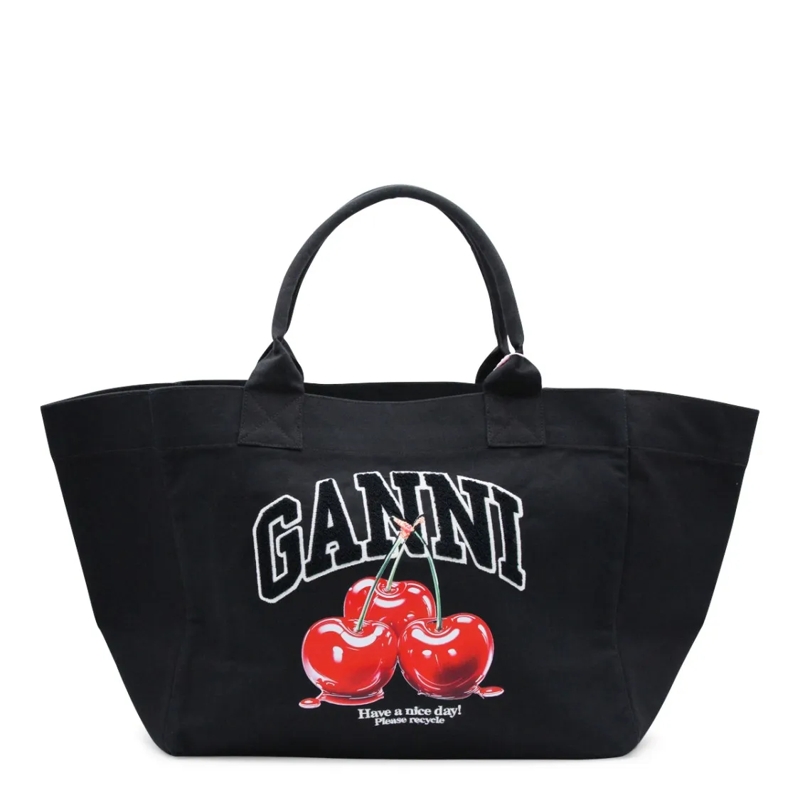 GANNI Tote Cherry Graphic Cotton Tote Bag Black