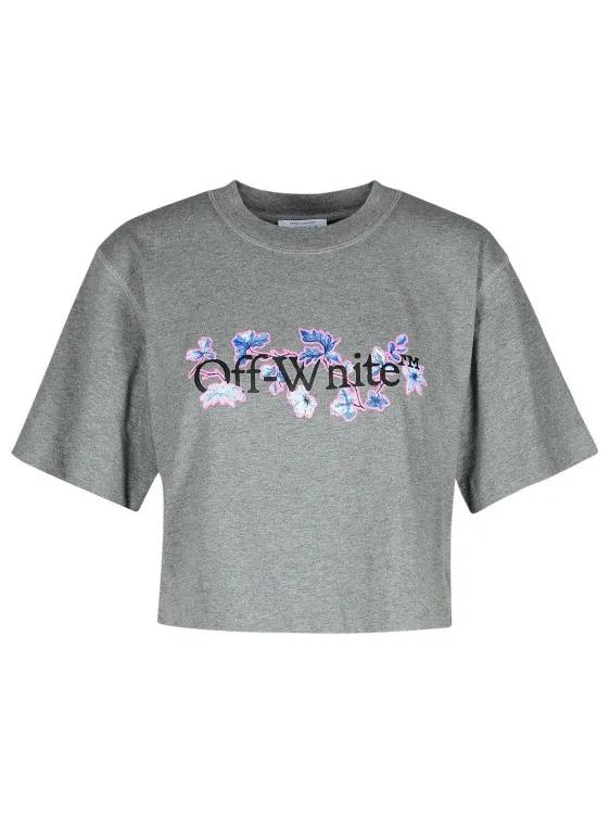 Off-White - Flower Grey Cotton Crop T-Shirt - Größe S - grau