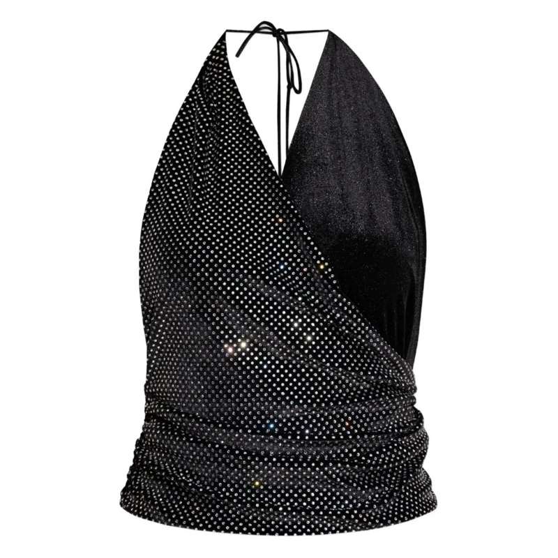 Balmain Elegantes Top Halterneck Wrap Top With Crystal Embellishments Black
