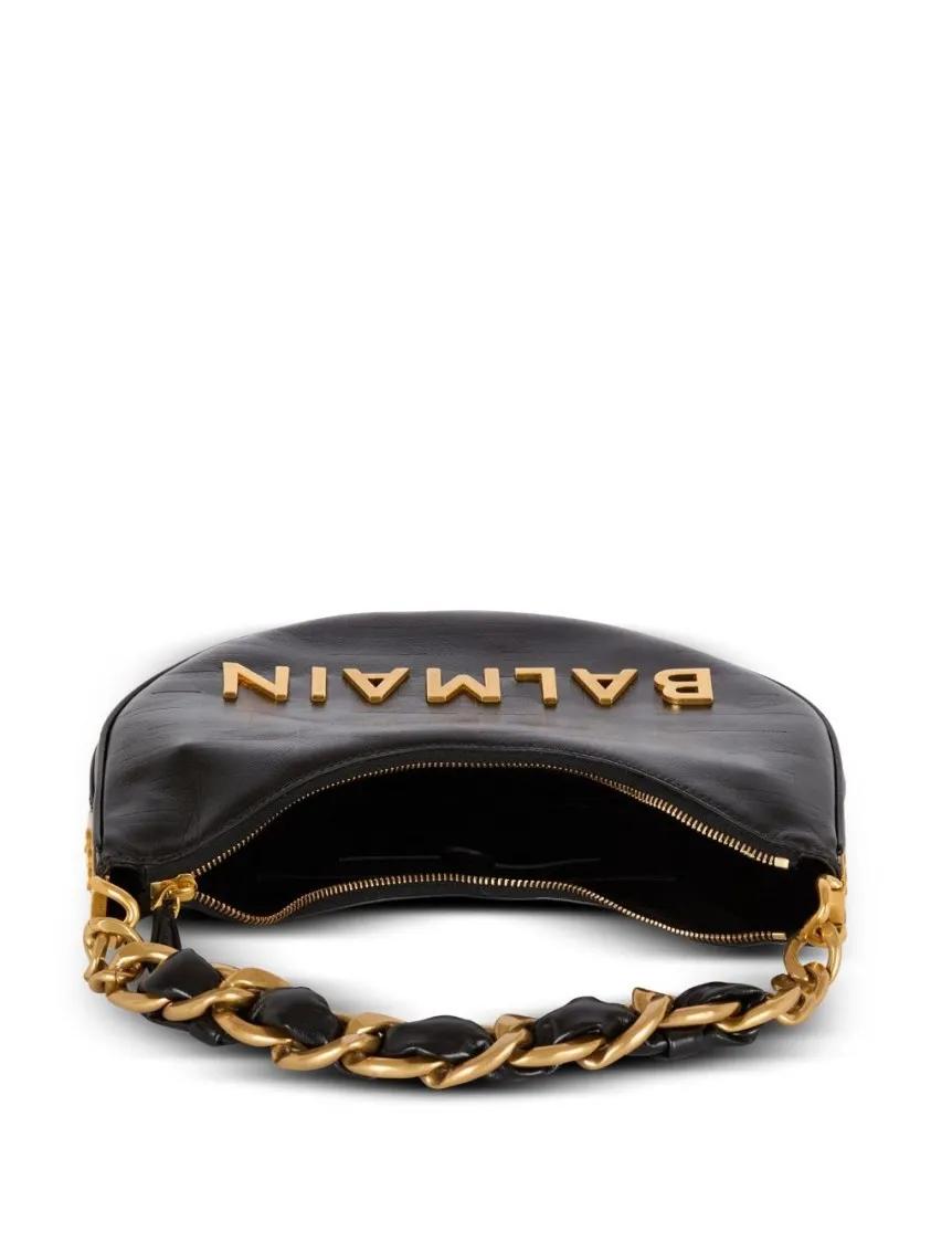 Balmain Hobo bags Black Leather Shoulder Bag With Gold-Tone Logo in zwart