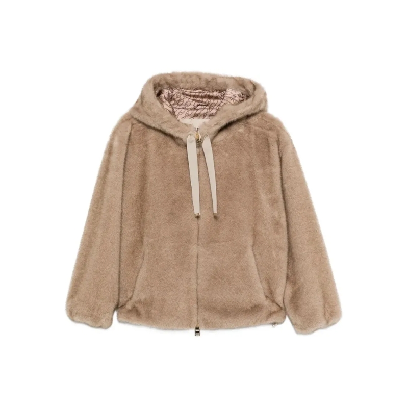 Herno Jas in omgekeerd lam Plush Hooded Jacket With Metallic Drawstrings Pink
