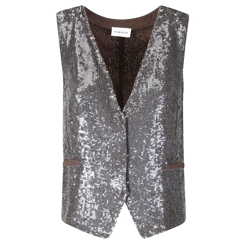 P.A.R.O.S.H. Blazer Silver Sequined Vest With Deep V-Neckline Grey