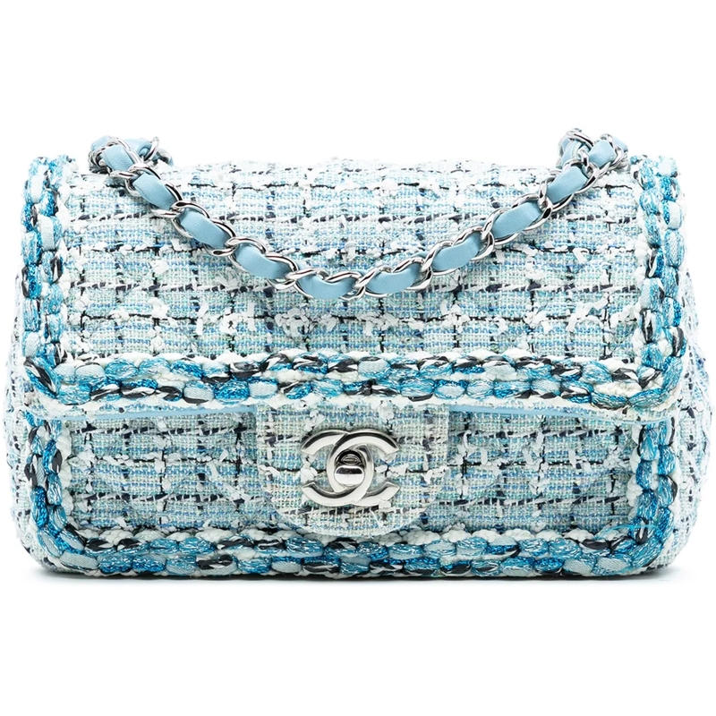 Chanel Schultertasche Mini Rectangular Classic Tweed Braided Single Flap blau