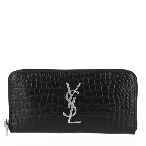 Saint Laurent YSL Monogramme Wallet Croco Leather Black Portemonnaie mit Zip-Around-Reißverschluss