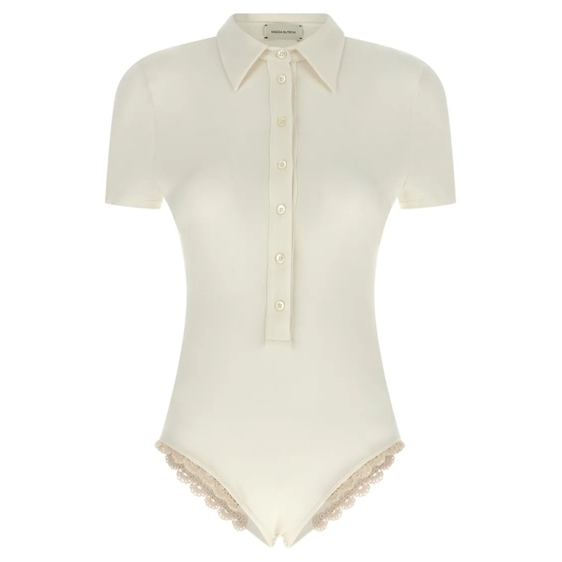 Magda Butrym  01' Viscose Polo-Style Bodysuit With Handmade Croc White