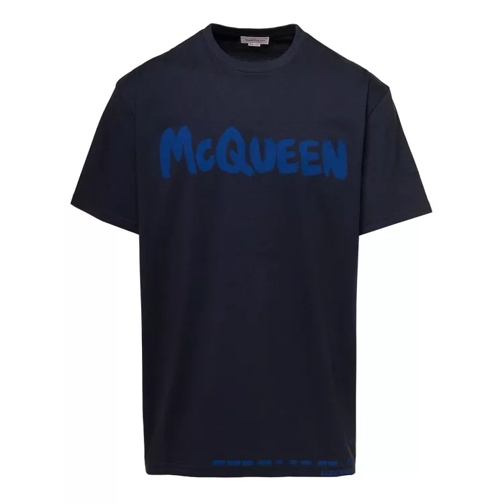 Alexander McQueen Black Graffiti Logo Crewneck T-Shirt In Jersey Blue 