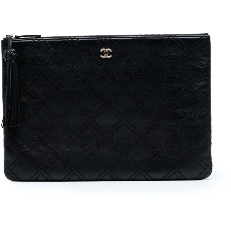 Chanel Clutch Large Quilted Lambskin Double Stitch Tassel O Case schwarz