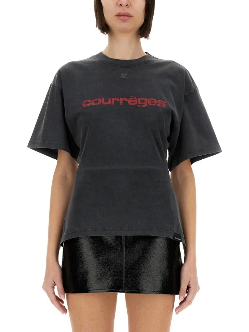 Thumbnail - Courrèges - Fitted Black T-Shirt With Vintage Print Design - Größe L - grau