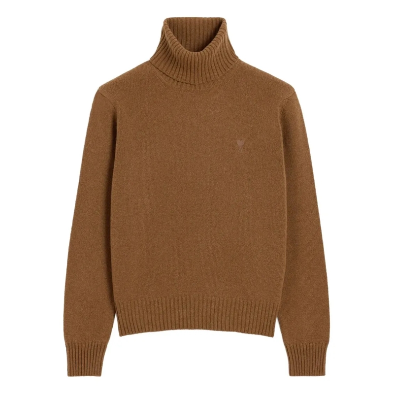 AMI Paris Pull Roll-Neck Sweater With Ribbed Texture Brown