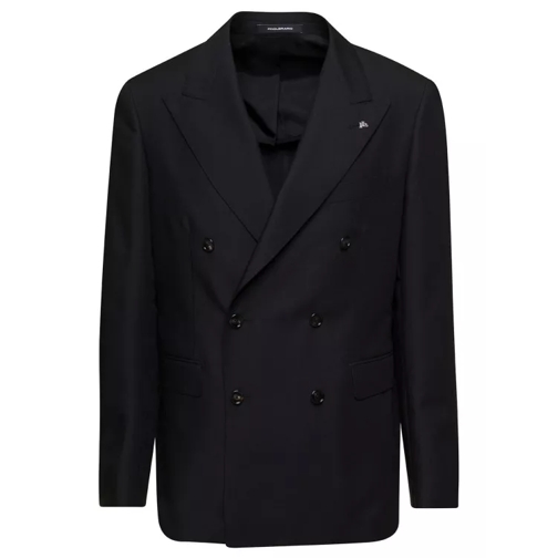 Tagliatore Black Double-Breasted Jacket With Logo Pin In Wool Black 