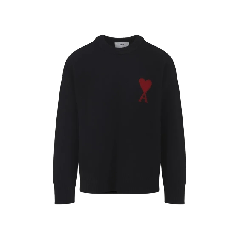 AMI Paris Pull Crewneck Sweater With Contrasting Logo Inlay Black