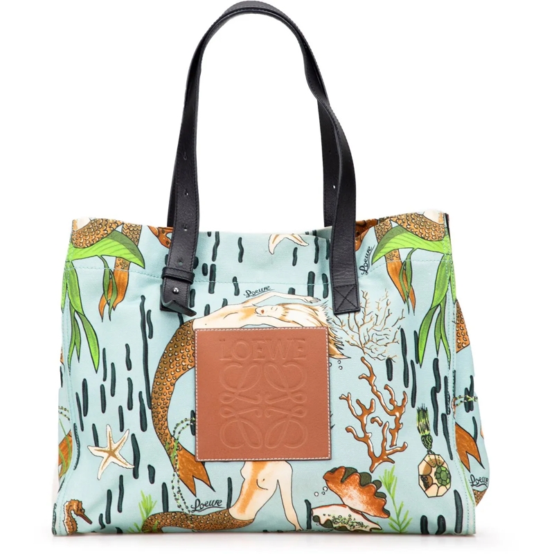 Loewe Shopper Paulas Ibiza Medium Canvas Mermaid Print Tote blau