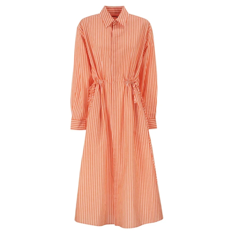 Polo Ralph Lauren Midi-jurk Striped Linen Cotton Shirt Dress With Drawstring Orange