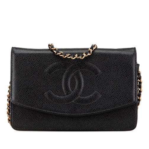 Chanel Porte-cartes 2003-2004 CC Caviar Wallet on Chain schwarz