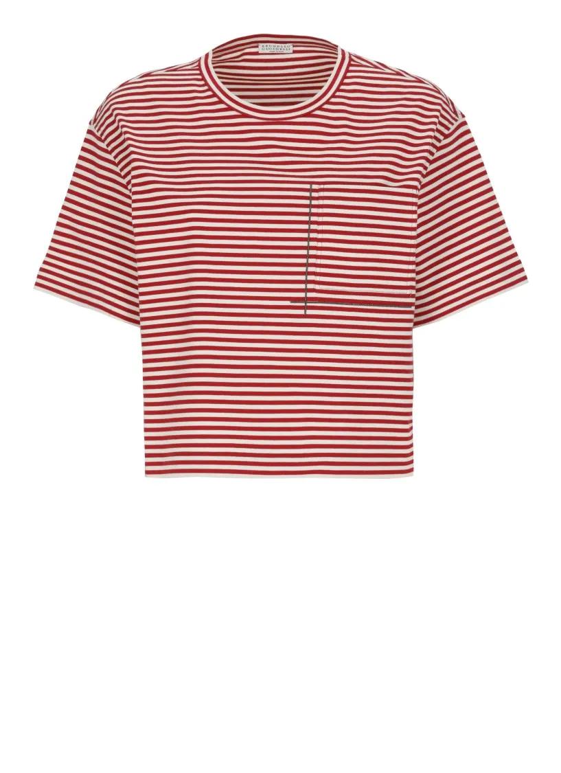 Thumbnail - Brunello Cucinelli - Pocket Detail Cropped T-Shirt With Contrasting Str - Größe XS - pink