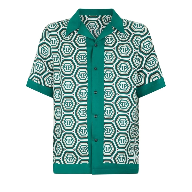 Philipp Plein Hemd Silk Bowling Shirt Monogram 70'S grün
