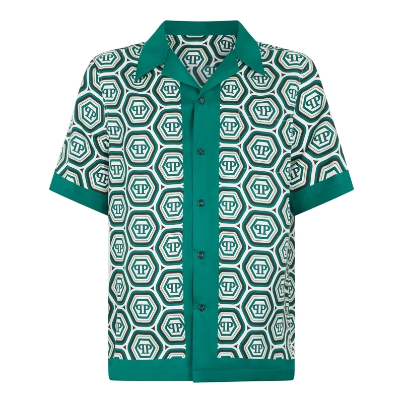 Philipp Plein Hemd Silk Bowling Shirt Monogram 70'S grün
