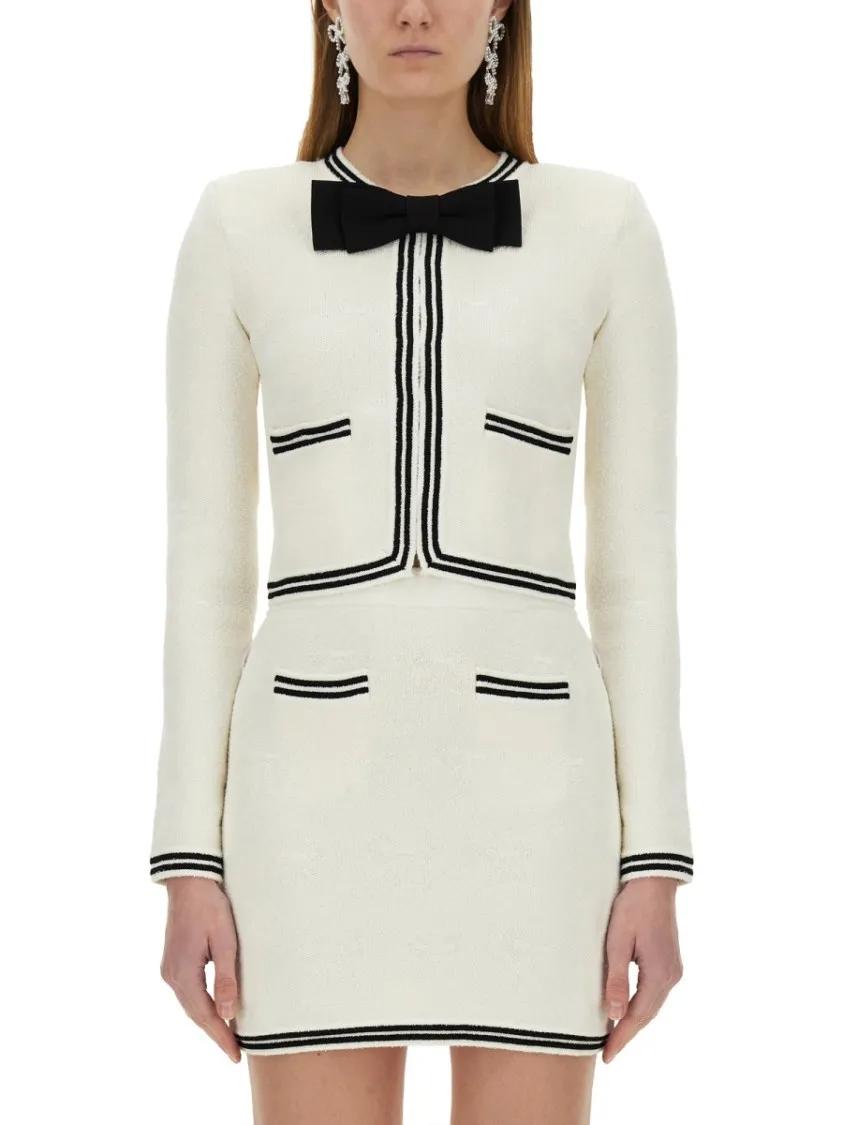 Thumbnail - self-portrait - Jacquard Cardigan With Bow - Größe S - beige