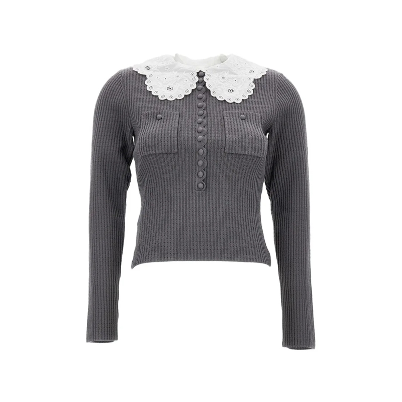 Self Portrait Haut à manches longues Fitted Ribbed Knit Top With Wide Collar Grey