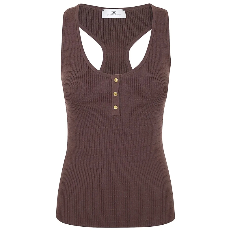 Elisabetta Franchi Chemisier Sleeveless Ribbed Top With Racerback And Gold Acce Grey