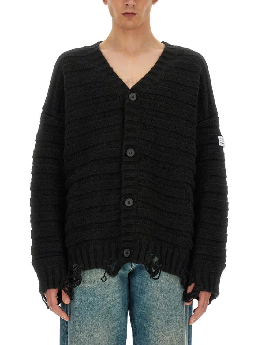 Thumbnail - MM6 Maison Margiela - V-Neck Textured Knit Cardigan - Größe L - schwarz