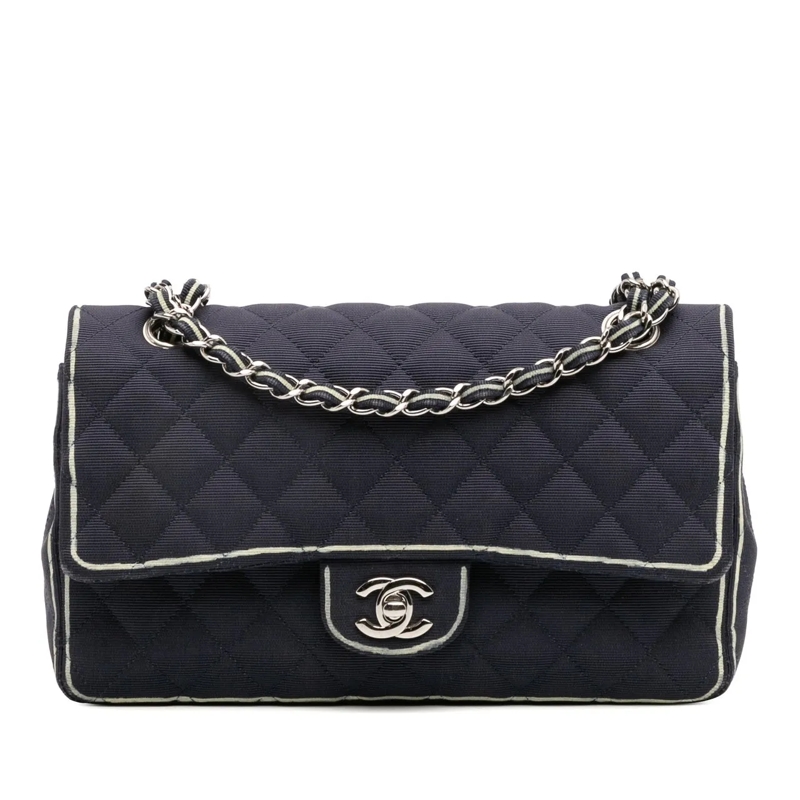Chanel Schultertasche Medium Classic Printed Grosgrain Double Flap blau
