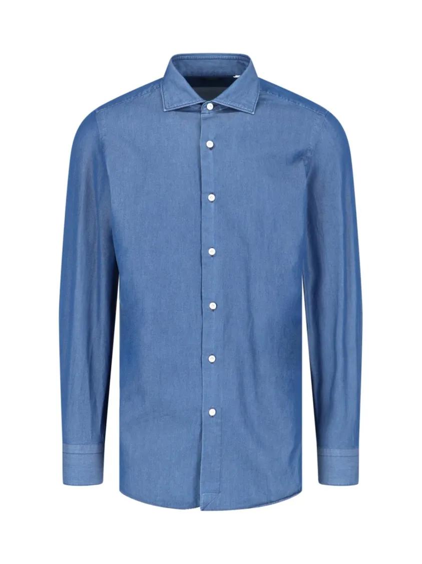 Thumbnail - Finamore - 1925 "Milano" Shirt In Blue Cotton Classic Collar - Größe 39 - blau