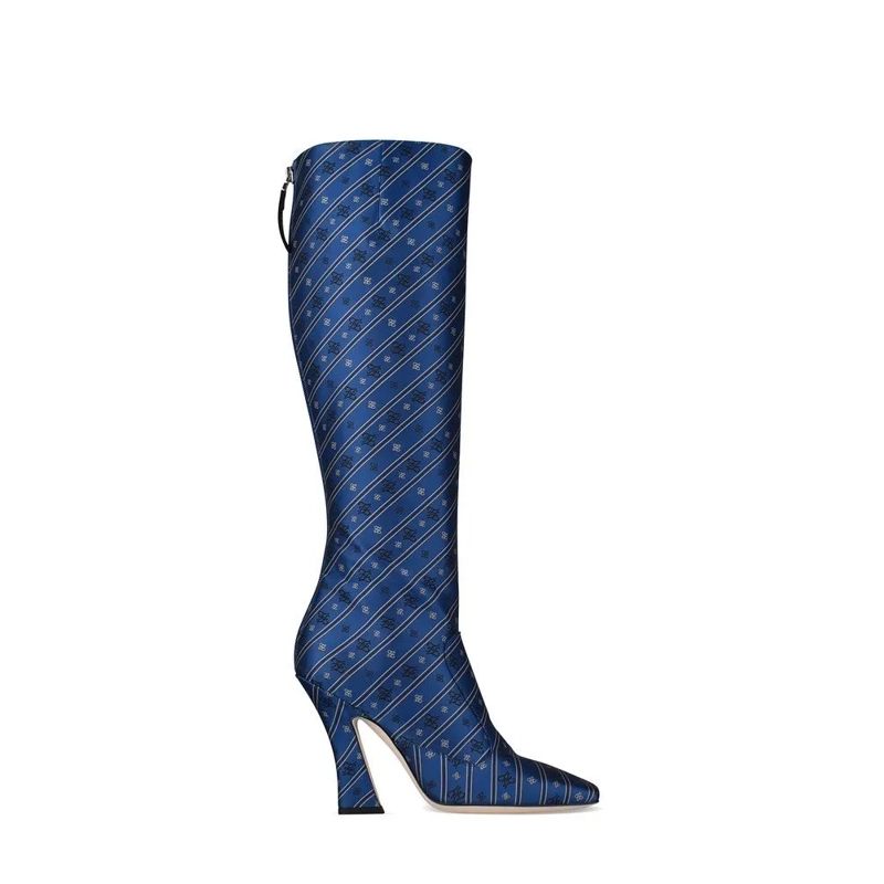 Fendi Stiefel Royal Blue Knee-High Boots With Calligraphic Embro Blue