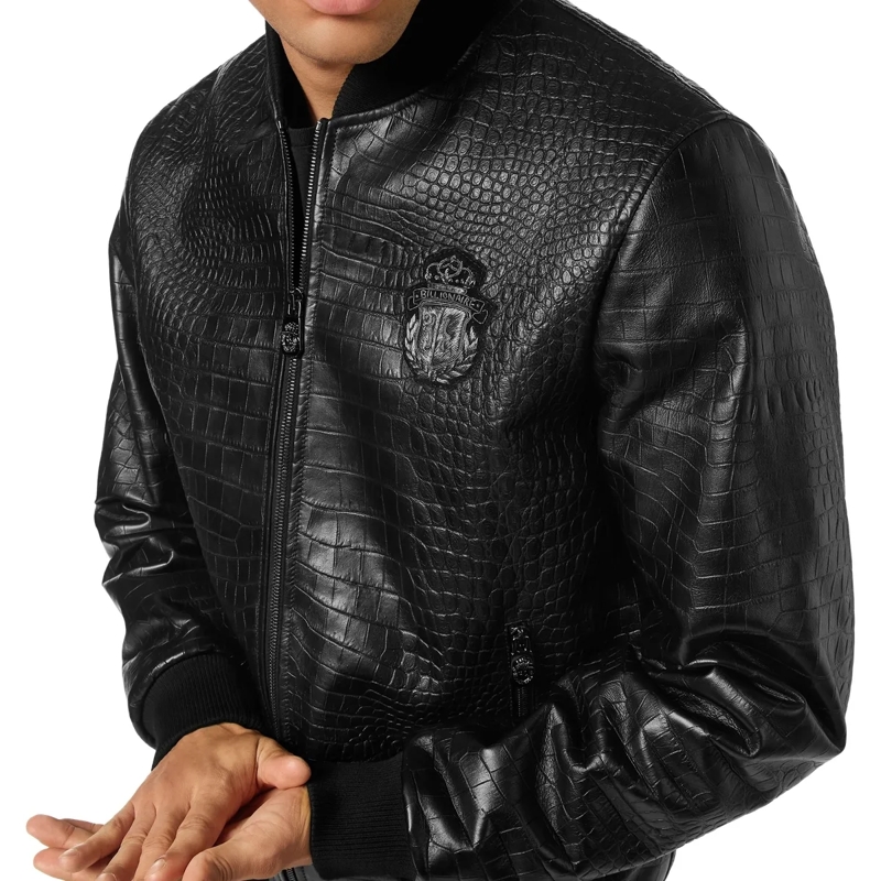 BILLIONAIRE Lederjacke Leder-Bomber Cocco Crocco Geprägt schwarz(Image 4)