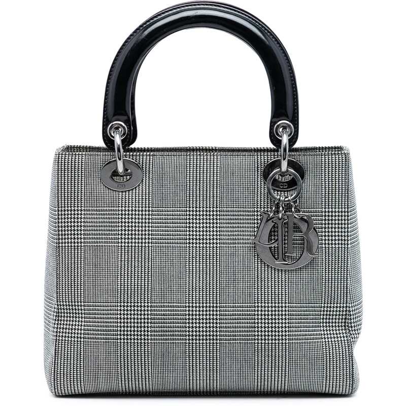 Christian Dior Schultertasche Medium Canvas Houndstooth Lady Dior grau