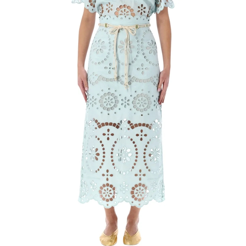 Zimmermann Midirok Awaken Light Blue Broderie Anglaise Midi Skirt Blue