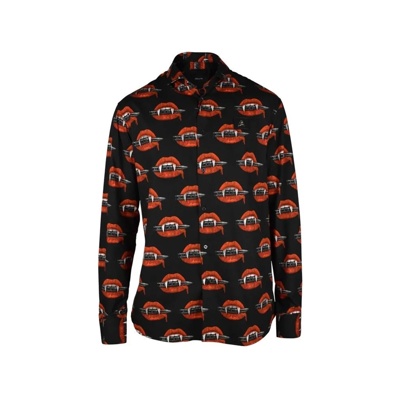 Philipp Plein Hemd Black Cotton Shirt With Vampire Tooth Print Black