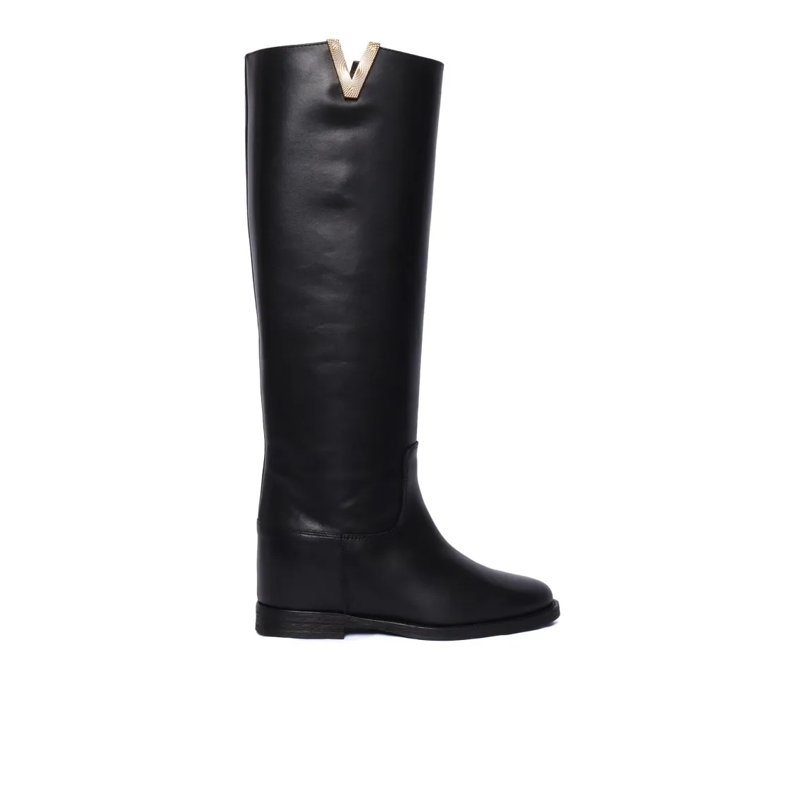 Via Roma 15 Bottes Tall Black Leather Boots With Gold-Tone Accent Black