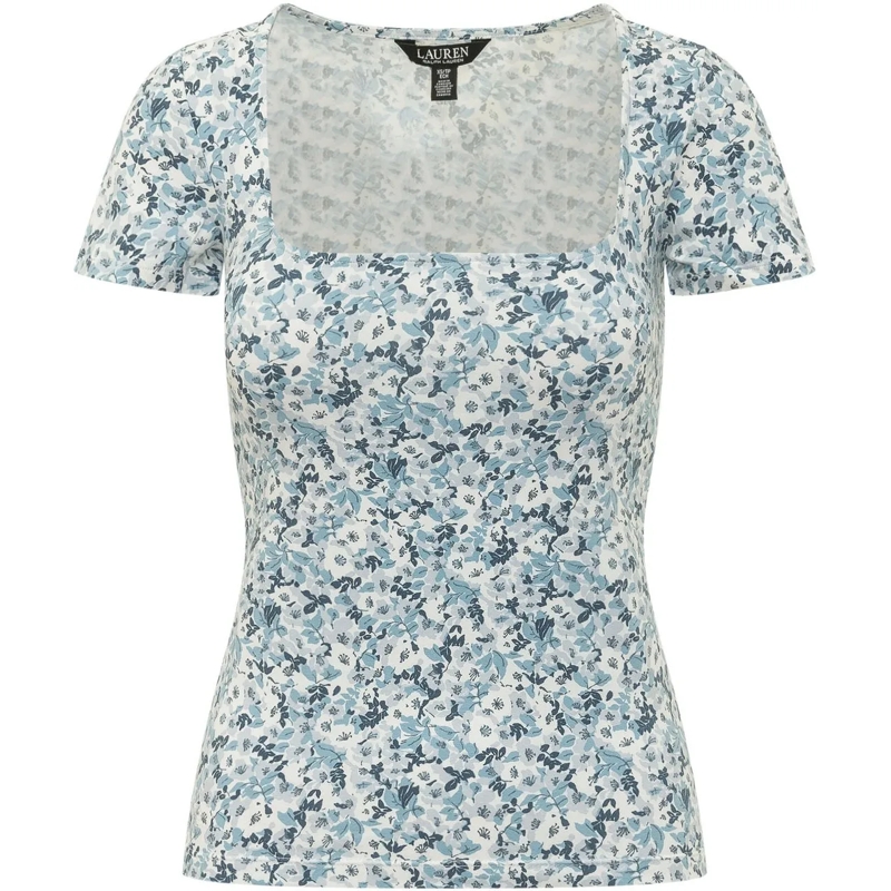Ralph Lauren T-Shirt Top a Maniche Corte con Scollo Quadrato weiß