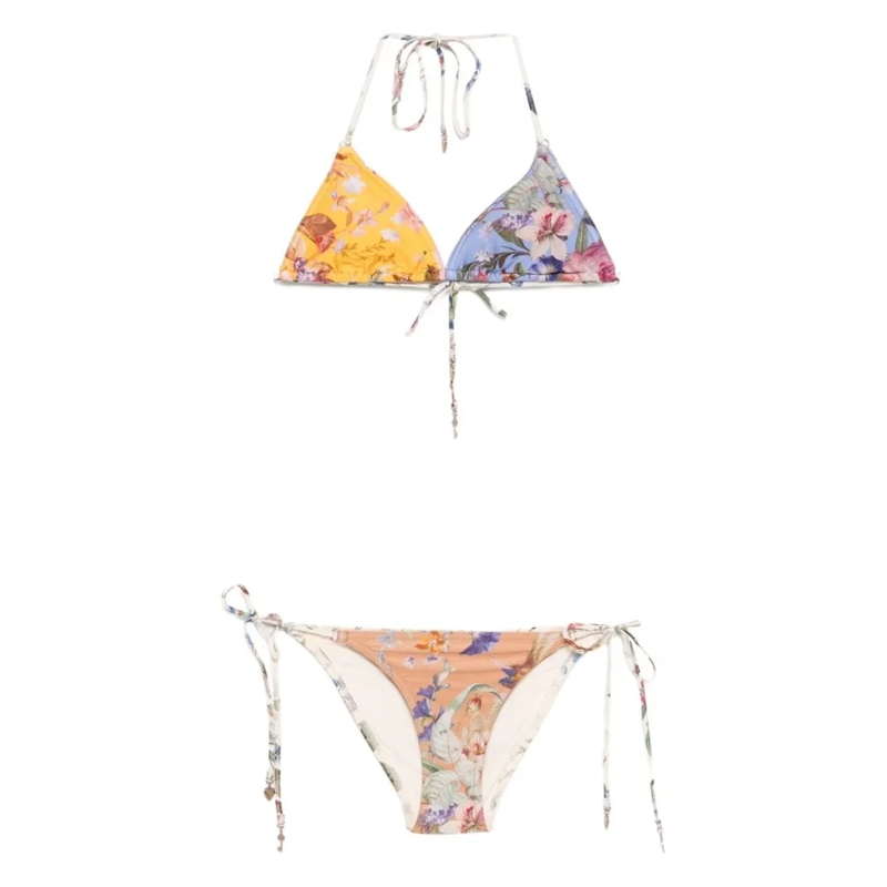 Zimmermann  Floral Print Triangle Bikini Set Neutrals